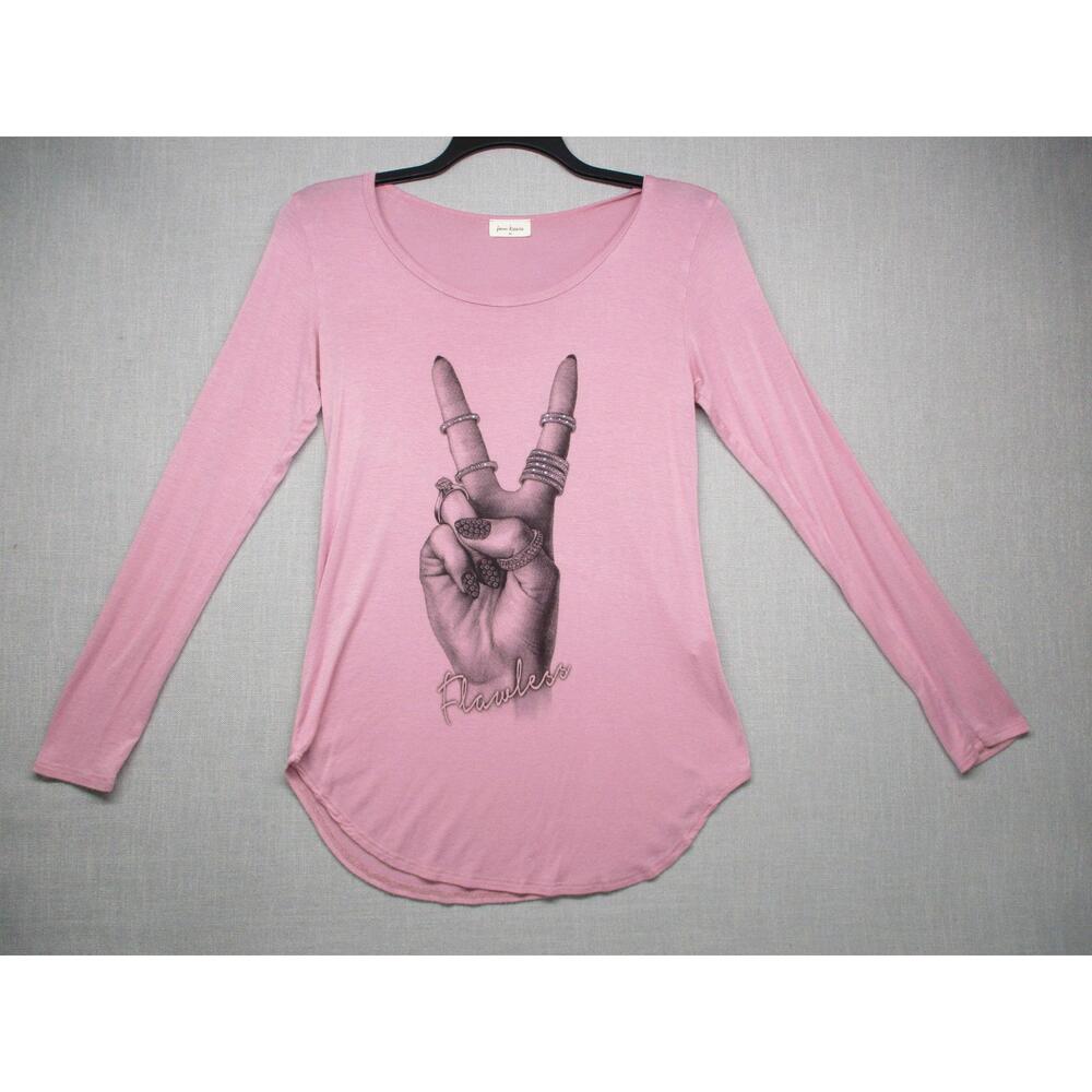 Free Kisses Pink Graphic Peace Sign Flawless Scoop Neck Long Sleeve Top Size M